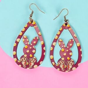 Pink Bunny Wood Teardrop Earrings